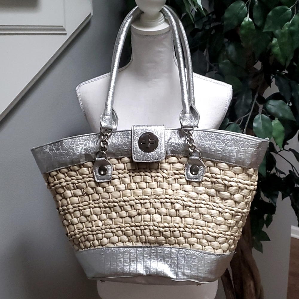 WHBM Silver and Straw Tote